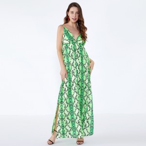 Τελευταία σχέδια Γραφείο γυναικών Green Leopard Print Button Casual Dress