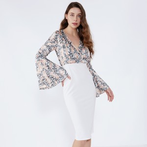Λευκό Floral Sheath Φουσκωτό Μανίκι Formal Φόρεμα Bodycon 2019 Γυναικεία Ένδυση
